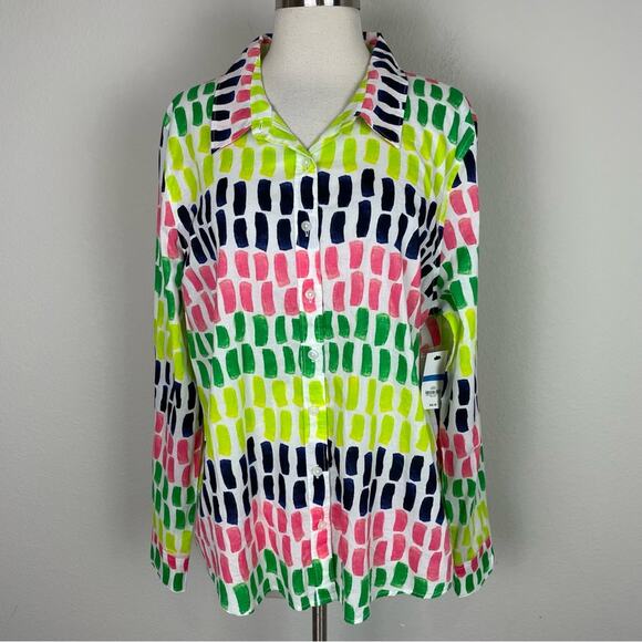 Crown & Ivy Green Navy Pink Button Down Top NWT XL - Picture 1 of 8